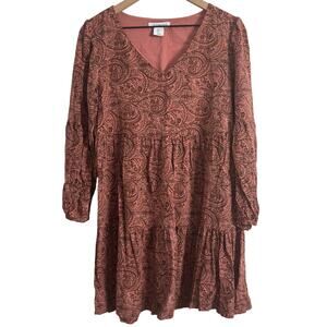 Lucky Brand Women's Long Sleeve V-Neck Tiered Paisley Dress Size Small Terracott